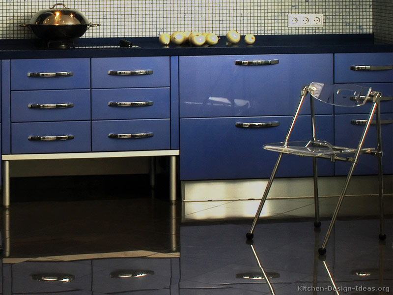 A Modern Blue Kitchen With Glossy Cabinets