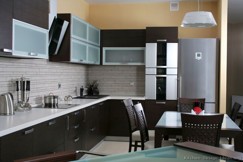 dark kitchen shelves with light flooring