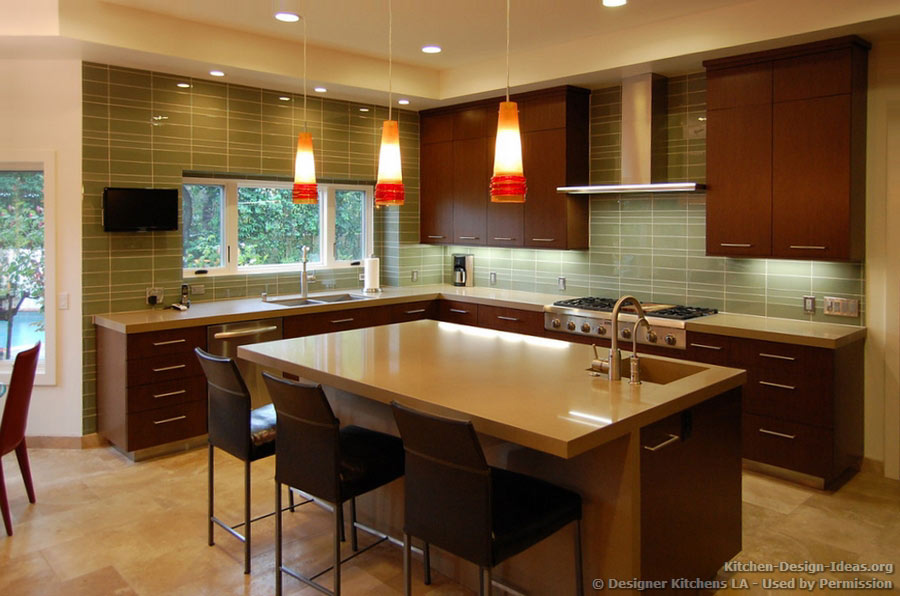 kitchen cabinets modern dark wood 050a dkl001 cherry island chairs pendant glass backsplash Creative Dark Kitchens Lighting Ideas