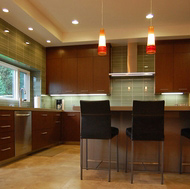 Dark Cherry Kitchen, Beautiful Pendant Lights - Designer Kitchens LA