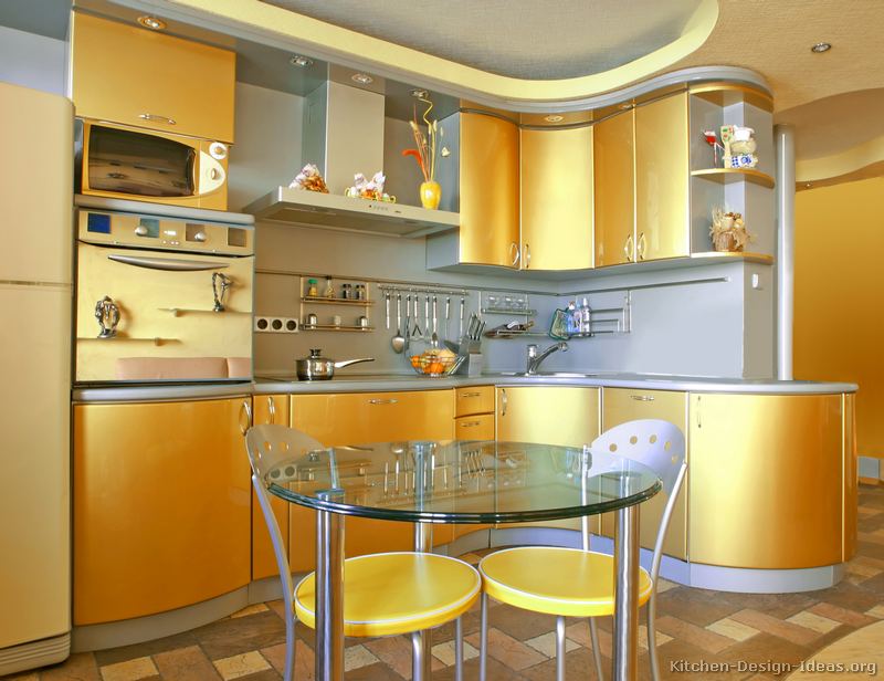 A Modern Gold Kitchen with Curved Cabinets