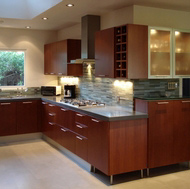 Modern Cherry Kitchen, Glass Tile Backsplash - Designer Kitchens LA