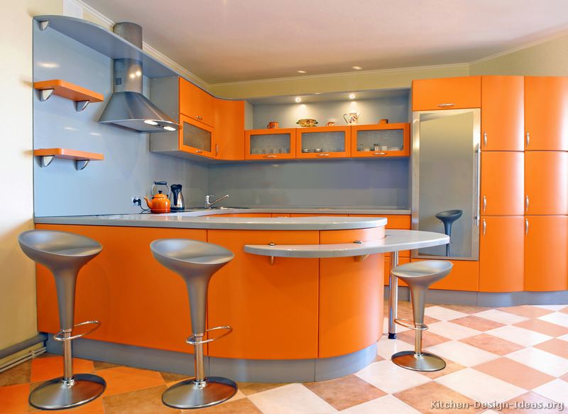 A Modern Orange Kitchen with Curved Cabinets