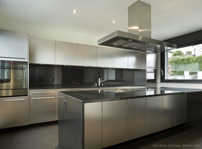 Stainless Steel Kitchen Cabinets with Black Granite Countertops