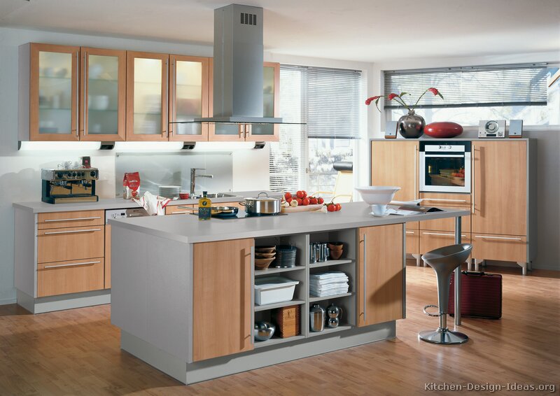 Kitchen Cabinets Modern Two Tone 188 A090a Light Wood Gray Island Seating Hood Wood Floor 