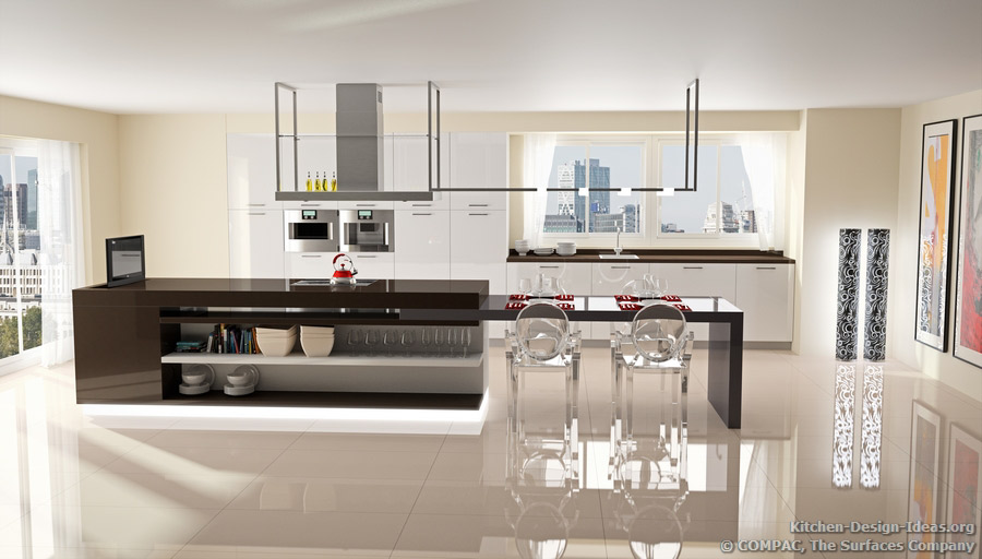 Modern Luxury Kitchen Design with an Extended Island Hood and Acrylic Chairs