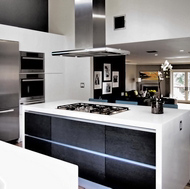 Modern Black and White Kitchen, Island Hood - Designer Kitchens LA