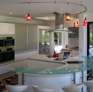 Modern White Kitchen, Curved Glass Bar - Designer Kitchens LA