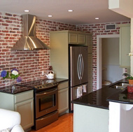 Green Kitchen, Brick Wall Backsplash - Designer Kitchens LA