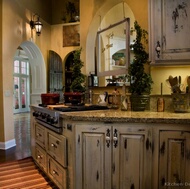 Country French Kitchen Cabinets with an Antique White Crackle Finish