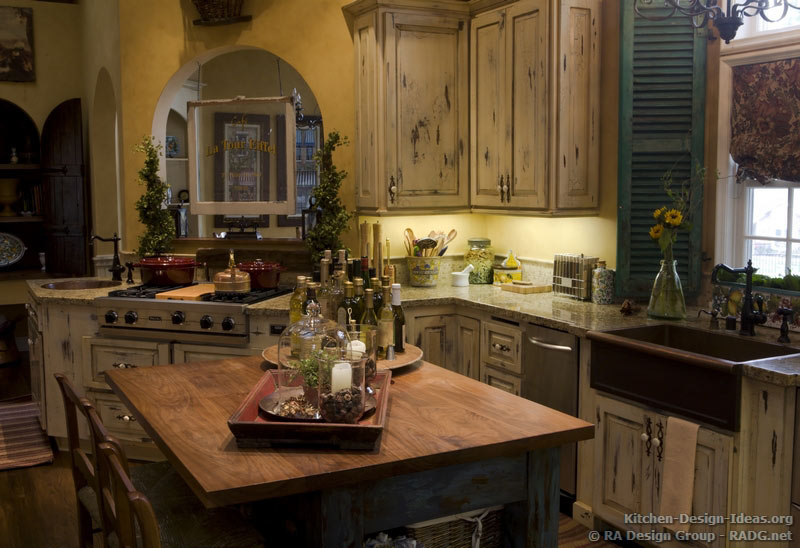 Country French Kitchen Cabinets With An Antique White Crackle Finish