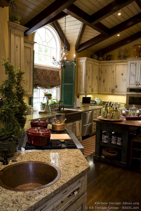 Country French Kitchen Cabinets With An Antique White Crackle Finish