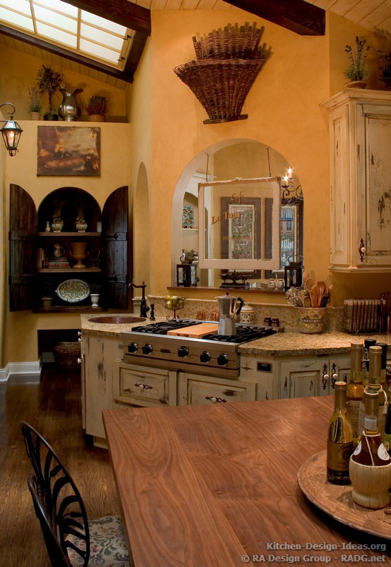 Country French Kitchen Cabinets with an Antique White Crackle Finish