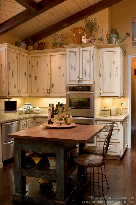 Country French Kitchen Cabinets with an Antique White Crackle Finish