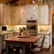 Country French Kitchen Cabinets with an Antique White Crackle Finish