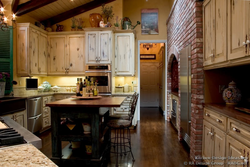 Country French Kitchen Cabinets With An Antique White Crackle Finish