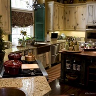 Country French Kitchen Cabinets with an Antique White Crackle Finish