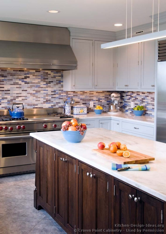 Transitional Kitchen Design with Pale Blue Shaker Style Cabinets