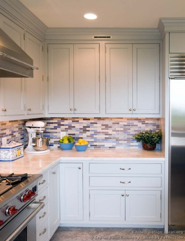 Transitional Kitchen Design with Pale Blue Shaker Style Cabinets