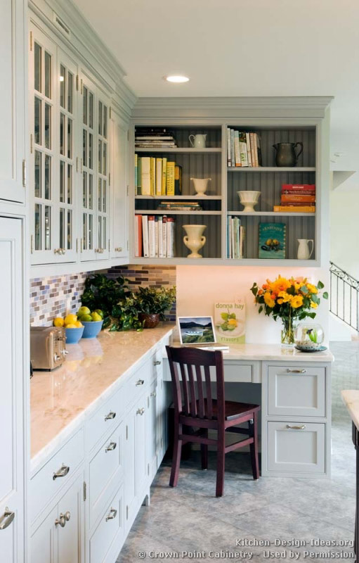 Transitional Kitchen Design with Pale Blue Shaker Style Cabinets