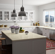 A Traditional White Kitchen with a Lake-Front View and Compac Quartz Countertops