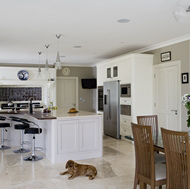 Open Plan Kitchen, Island Bar, and Canine Companion - Woodale Designs